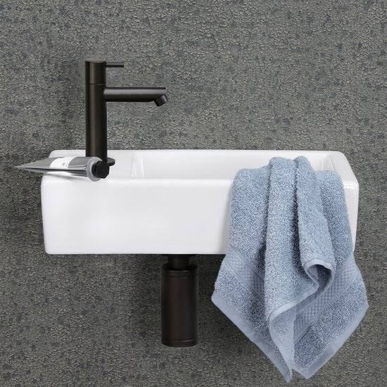 Differnz Helios fonteinset - 37.5x18.5x9.5cm - Rechthoek - 1 kraangat links - Recht matte zwarte kraan - Wit