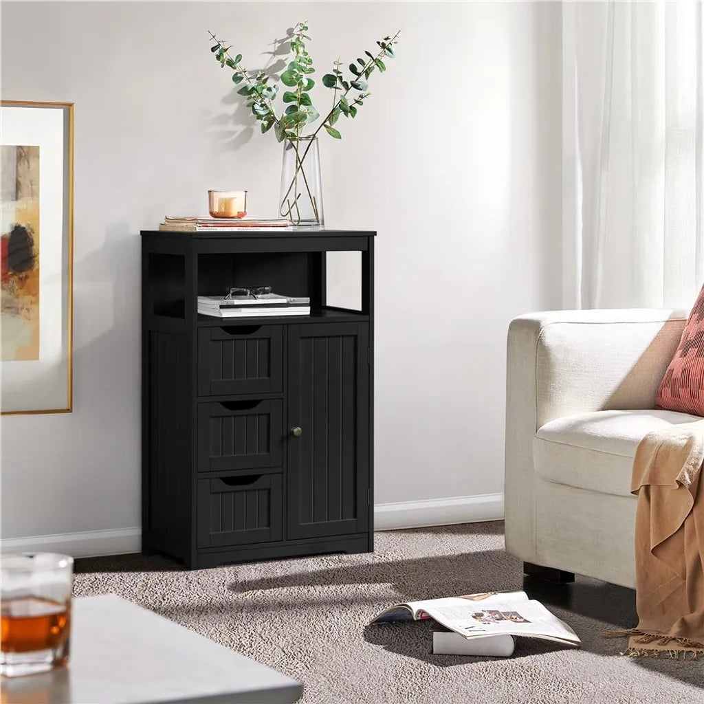 Yaheetech Badkamerkast met 3 Laden en Verstelbare Plank - Zwart - 55,5 x 29,5 x 86,5 cm