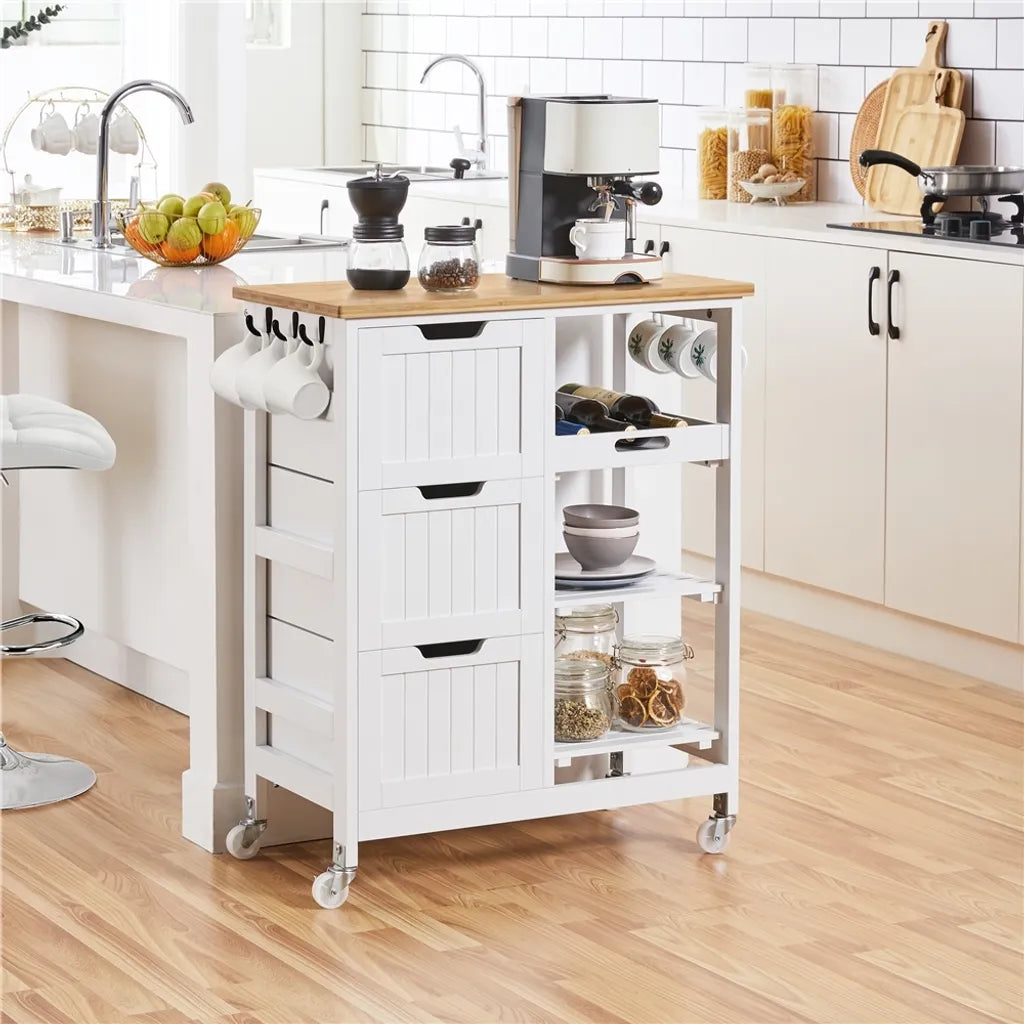 Yaheetech Keukentrolley op Wielen – Wit/Bamboe – 67 x 37 x 84,5 cm – Met 3 Lades en 3 Planken