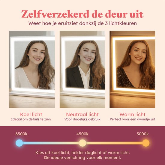 Fraay® Hollywood Spiegel met Verlichting 60x50cm - 3 Lichtstanden - Make Up Spiegel met 10x Vergrootspiegel - LED Strip Verlichting Dimbaar - Incl. 2 Beauty Blenders en Powder puff