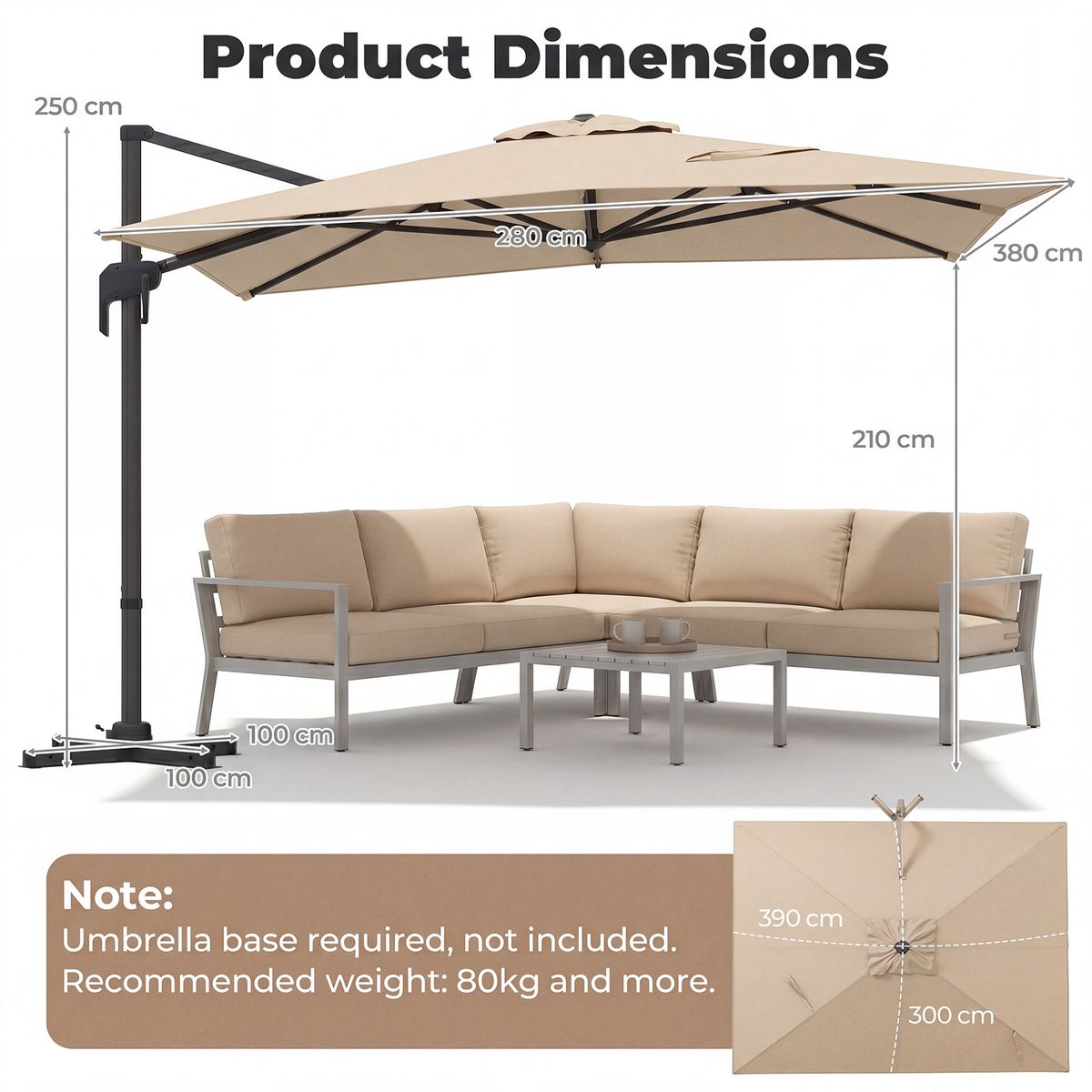 Coast Rechthoekige parasol - draaibaar voetpedaal en slinger - 300 x 390 cm - beige