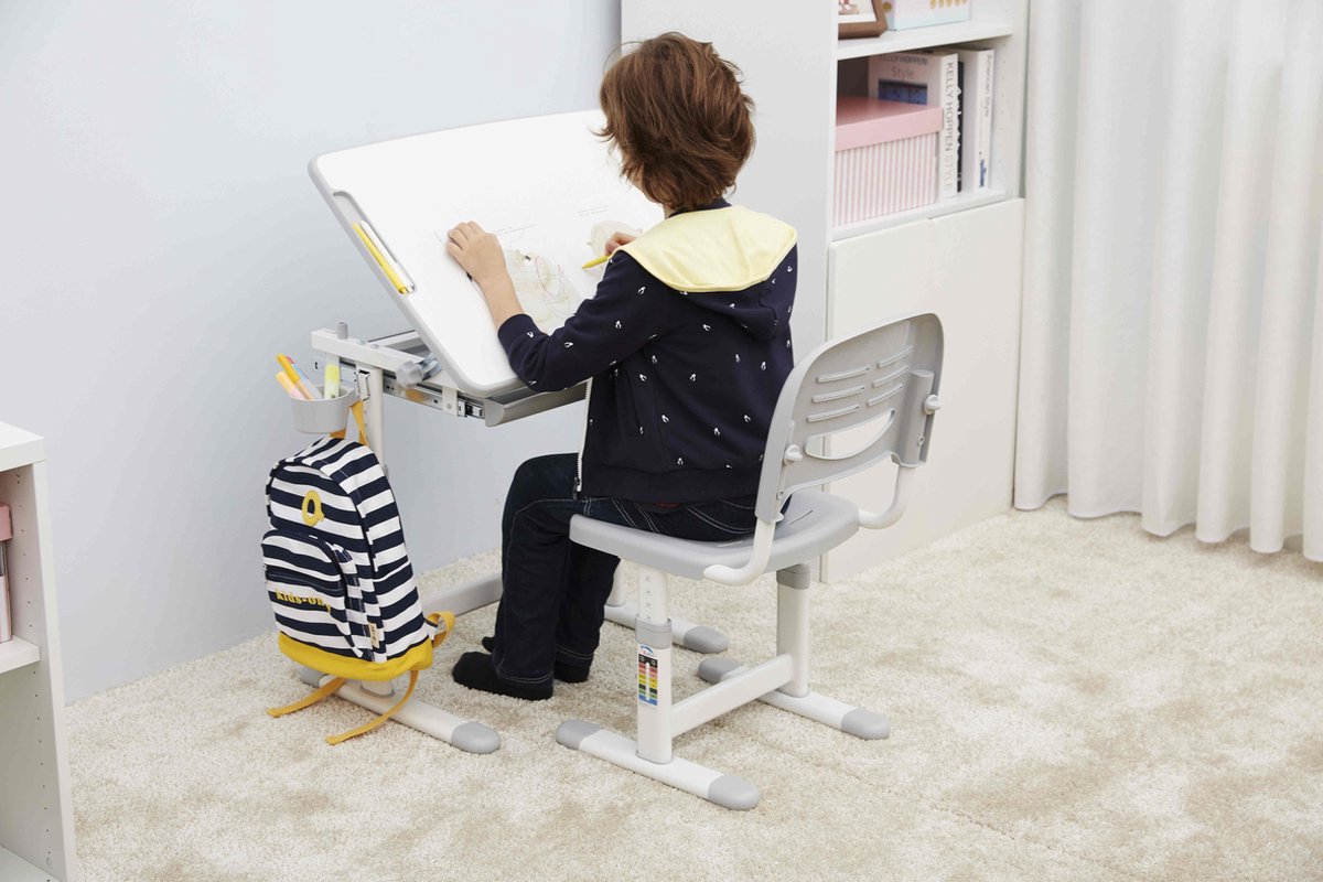 VDD Gaming Kinderbureau met Bureaustoel Hoogte Verstelbaar Grijs/Wit – Kantelbaar Blad – 66 x 47 x 54–76 cm