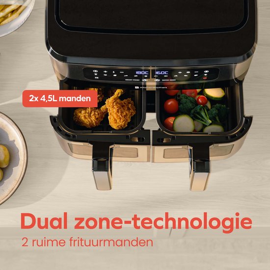 KitchenBrothers Dubbele Airfryer - 2400W - Dual Zone - 9L - Heteluchtfriteuse - Airfryer XXL - 2 x 4.5L - 10 Kookprogramma's - RVS/Zwart