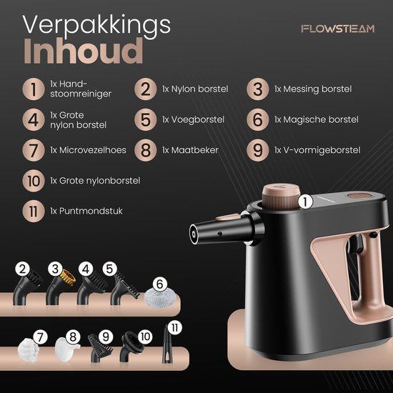 FLOWSTEAM® 9-in-1 Krachtige Handstoomreiniger - Stoomreiniger – Vlekkenreiniger - Handstomer - Voor Badkamer, Keuken, Bank & Meubels - 4 Bar & 110°C Stoom