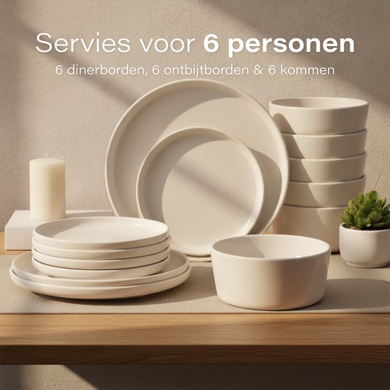 Luft Serviesset 6 Persoons - Restaurant Bordenset - Kommen - Eetborden - Modern - Massief Aardewerk, Keramiek - Crème/beige/wit - 18 delig