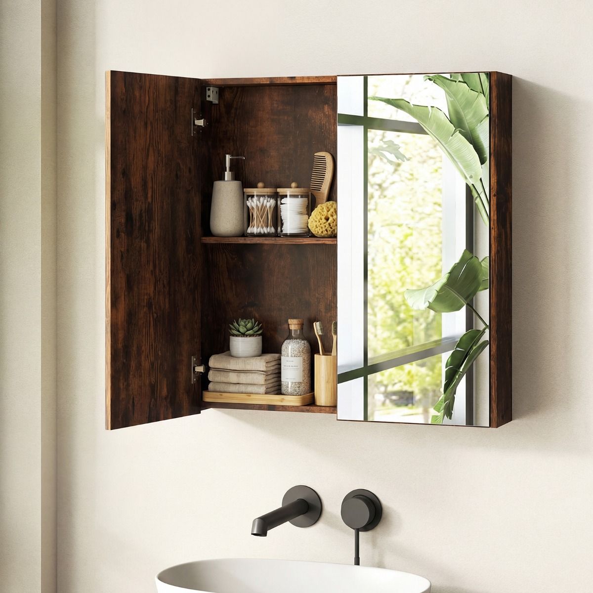 Coast Badkamerkast met spiegeldeuren - ruime opbergruimte - wandmontage - wit/zwart/rustiek bruin - 62 x 11 x 65 cm