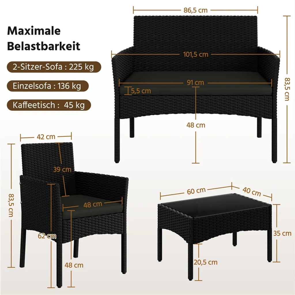 Yaheetech 4-delige Loungeset Tuin - Zwart/Grijs - Polyrattan Tuinmeubelset met 2-zitsbank, 2 Stoelen en Salontafel