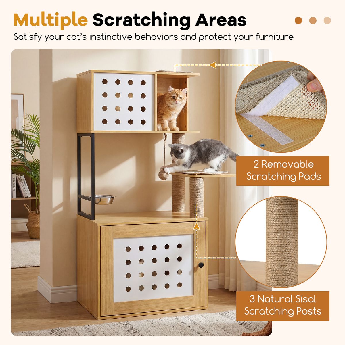 Coast Krabpaal met kattenbakmeubel - kattenboom met meerdere verdiepingen - naturel - 117,5 cm