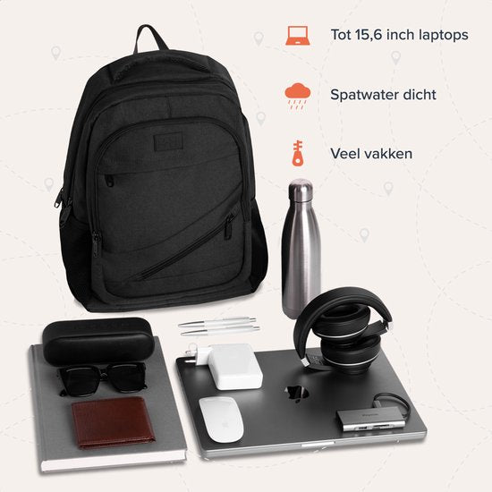 TRVLMORE Rugzak met Levenslange - Rugtas met 15,6 Inch Laptopvak - Schooltas - Spatwaterdicht - Heren en Dames - Jongens en Meisjes - 28L - Zwart