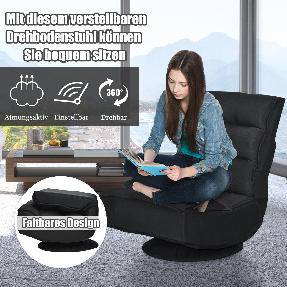 Coast Relax Fauteuil Vloerstoel - Draaibaar, Opvouwbaar, Max. 150 KG - 59 x 75 x 83 cm - Stof/Ijzer - Zwart