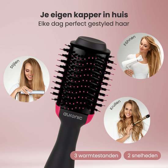 Auronic 3-in-1 Föhnborstel voor Extra Volume, Stijlen en Krullen - Airstyler - Krulborstel - Keramische Magic Brush - 1000W - Ø 45 mm - Zwart/Roze