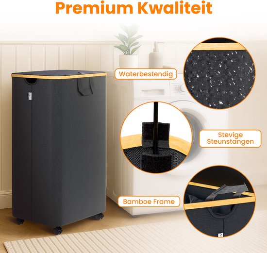 Posity Wasmand op Wielen – 100 Liter – Opvouwbaar – Wasmand Stof - Laundry Basket - Met Deksel & Handvaten - Bamboe - Incl. Waszak - Zwart