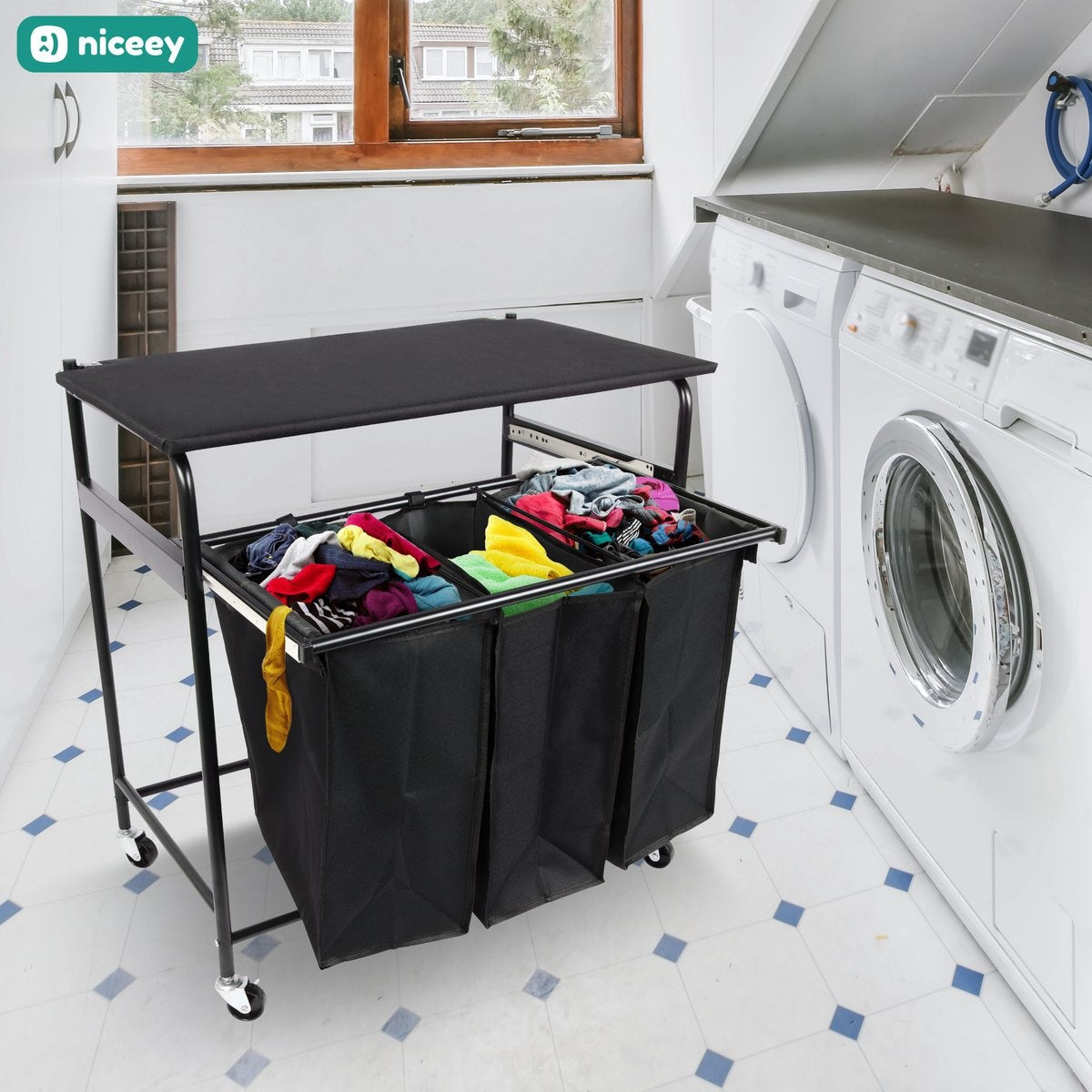 Niceey Wasmand op Wieltjes - 3 Uitschuifbare Vakken - Zwart