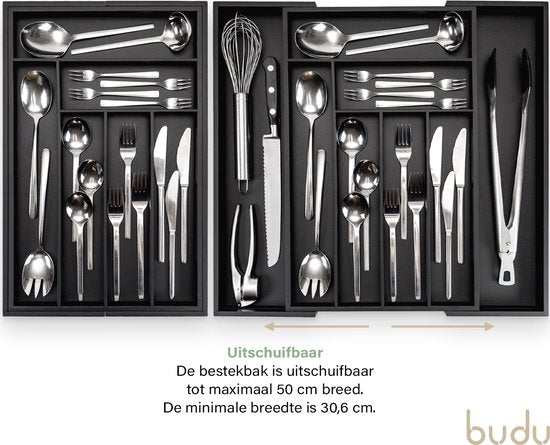 Budu Uitschuifbare Bamboe Bestekbak #47 (47 cm diep) - Zwart - Bestekcassette Hout - Besteklade - 47 x 30,6 - 50 cm - 6/8 vakken