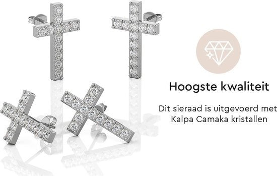 Yolora Dames Oorbellen Kruis - Kalpa Camaka Kristallen - Zilverkleurig - 18K Witgoud Verguld - Vrouwen Oorhangers Zilver - Sieraden - Luxe Giftbox - Geschenkdoos - Cadeau doos - Mooie Cadeauverpakking - Moederdag Cadeautje