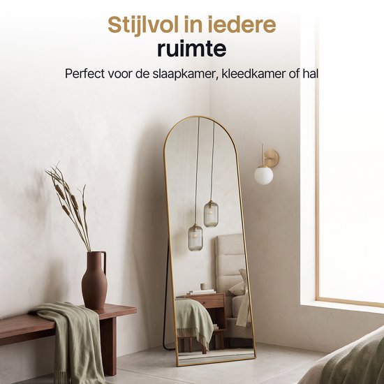 Infinity Goods Passpiegel - 160x60cm - Design Wandspiegel - Staande Spiegel Met Metalen Rand - Hangend - Kleedkamer Spiegel - Afgerond - Modern - Goud