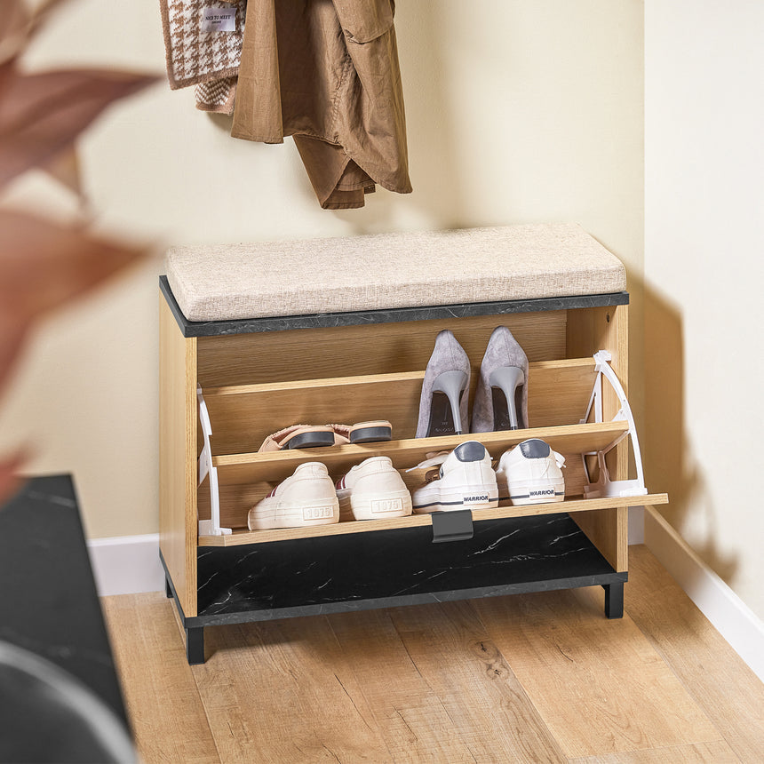 SoBuy FSR201-N Schoenenbank, entree, met gevoerde zitting, comfortabel, inklapbaar, zwart en licht hout, ondersteunt 113 kg, 60 x 24 x 50 cm