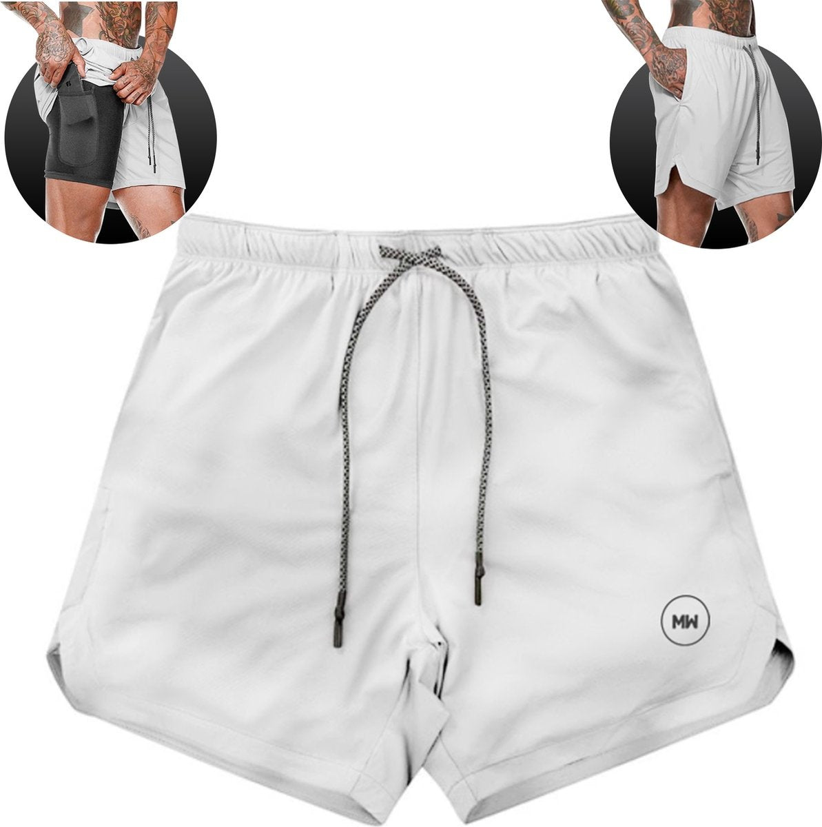 MW® - Sportbroek Heren - Fitnessbroek - Sportkleding - 2 in 1 Shorts - Hardloopbroek (Grijs - S)