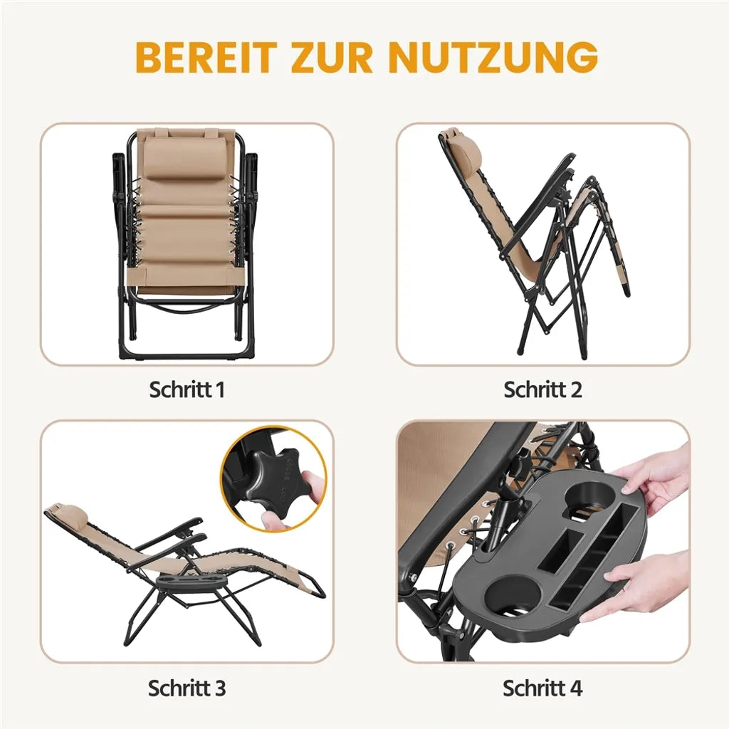 Yaheetech Set van 2 Zero Gravity Ligstoelen - Beige - Opvouwbare Relaxstoelen met Hoofdkussen en Bekerhouder