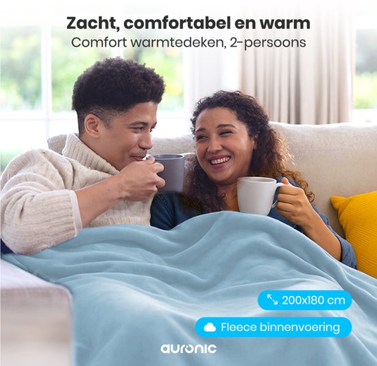 Auronic Elektrische Deken - Warmtedeken - 2 Persoons - 3 Warmtestanden - Bovendeken - Met Timer - Verwarmingsdeken - 200 x 180 cm - Lichtblauw