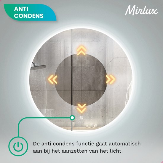 Mirlux Badkamerspiegel – Rond 60 cm – LED Verlichting & Verwarming – Anti-Condens Douchespiegel – Frameloos
