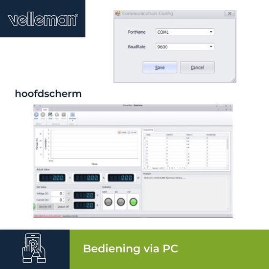 Velleman Laboratoriumvoeding, programmeerbaar via PC, regelbaar, 0-30 VDC/5 A, stroombegrenzing, bescherming tegen kortsluiting, twee 4-cijferige led-schermen, USB-aansluiting