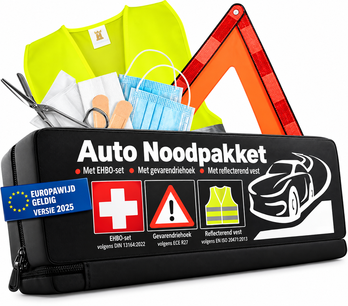 Heldenwerk 3-in-1 Auto EHBO-Set 2026 – Verbanddoos, Gevarendriehoek & Veiligheidsvest, EU-conform