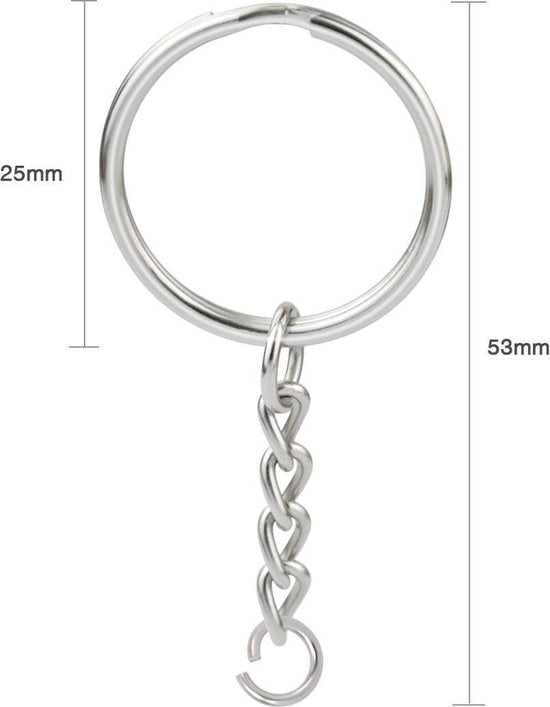 Sleutelringen met Ketting - 50 RVS Sleutelhanger Split Ringen - Sleutel Hanger Splitringen Set - 25 mm - 50 Stuks