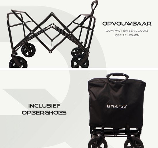 BRASQ Bolderkar Opvouwbaar Deluxe WC200 - 108L inhoud - Met duwstang - Lichtgewicht - Tot 100 kg draagvermogen - Inclusief 2 opbergtassen - Zwart