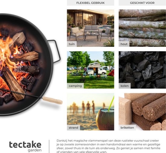 tectake® Vuurkorf Diablo - Hittebestendig Staal - Vuurschaal met Vuurpook - Ø 57,5 cm - Tuinhaard - Sfeerhaard voor Buiten - Met Handgrepen en Waterafvoer - Voor Brandhout en Houtskool