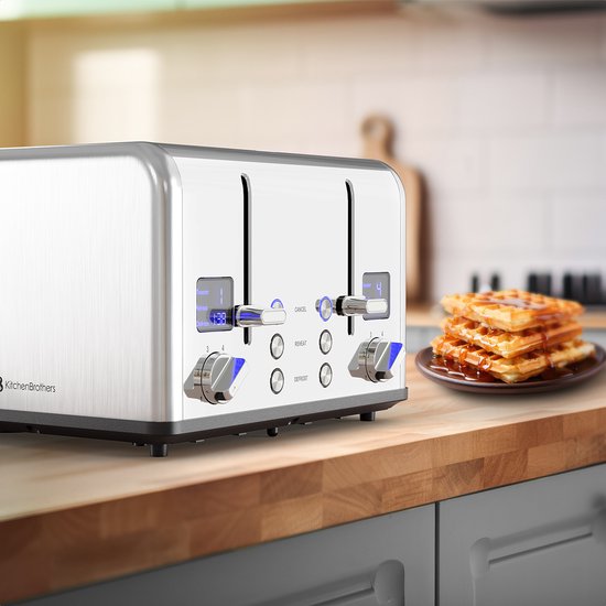 KitchenBrothers Broodrooster - Toaster - 6 Warmteniveaus - 4 Extra Brede Sleuven - 1630W - RVS/Zilver