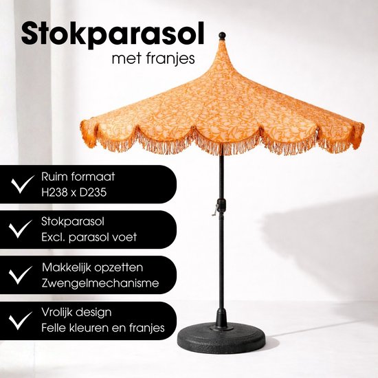 Mica Decorations Kelly Parasol met Draagtas - Stokparasol 238 x Ø235 cm - Tuin of Balkonparasol - Polyester, Staal - Oranje