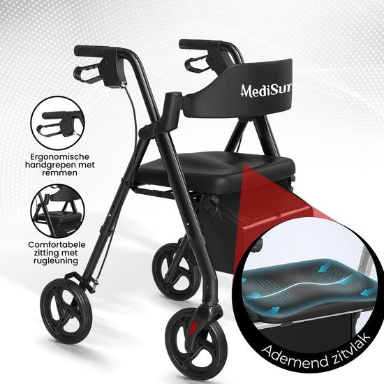 Medisure Rollator - Rollators - Rollator Lichtgewicht en Opvouwbaar - Draagkracht 150 KG - In Hoogte Verstelbaar - Met Tas - Zwart