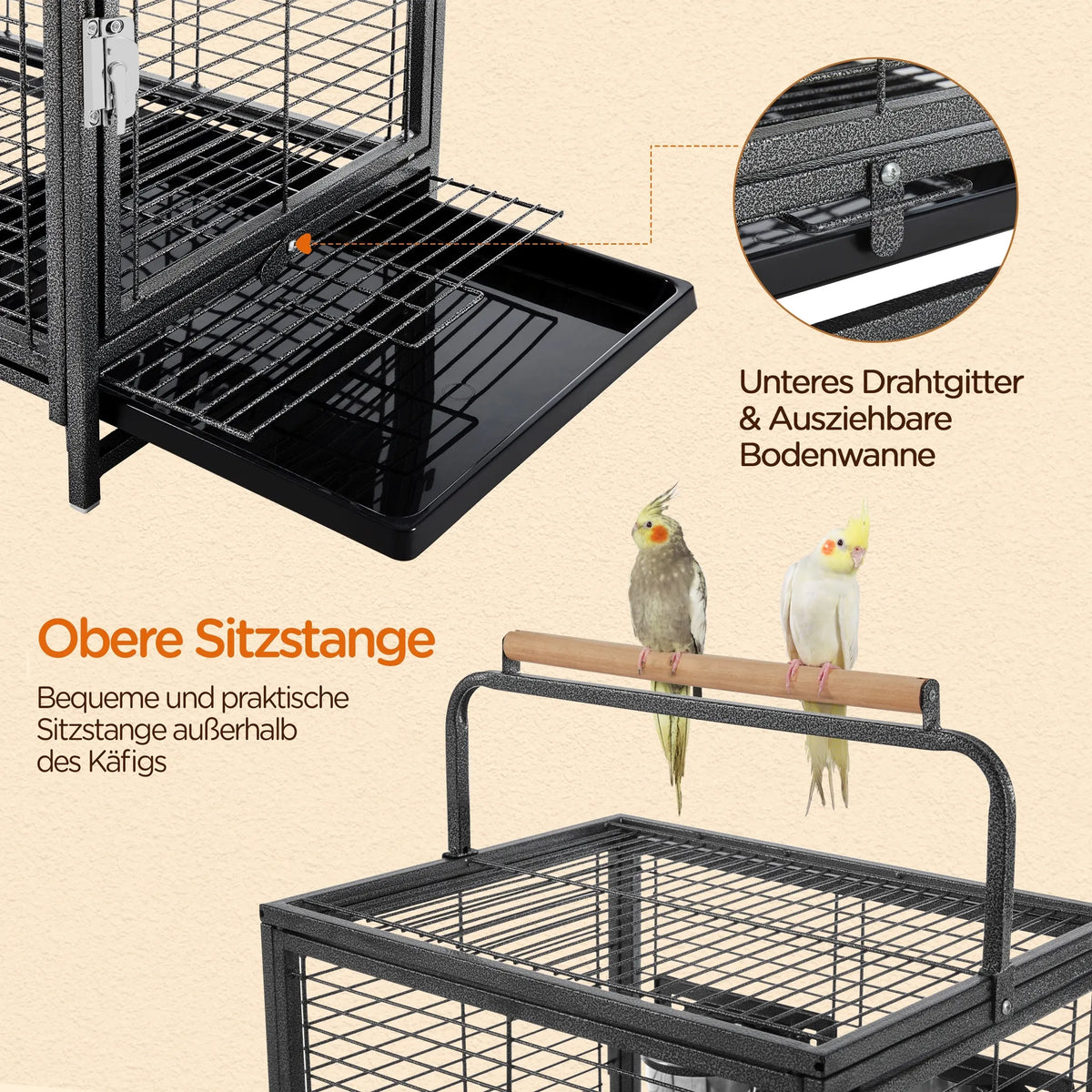 Yaheetech Vogelkooi Met Handgreep – Voorzien Van Houten Zitstokken En Waterafstotende Coating En Afsluitbare Deur – Voor Kanaries En Grasparkieten – Zwart Metaal Kunststof En Hout – 48,5 x 39 x 65 cm