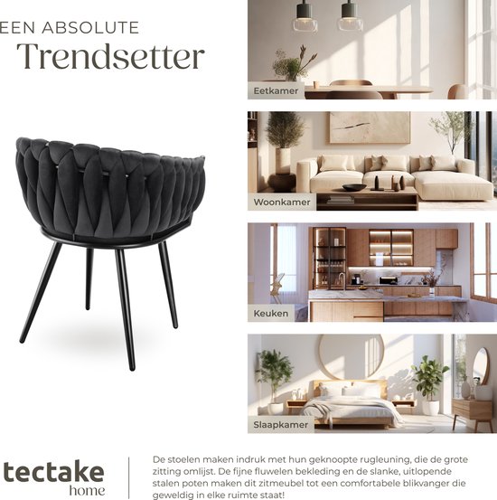 tectake® - Set van 2 Fluwelen eetkamerstoelen - Kuipstoel met armleuning in knooplook - Eetkamerstoel - Moderne eetkamerstoel voor woonkamer en eetkamer - Keukenstoel - Kaptafelstoel - Slaapkamerstoel - Diverse kleuren - Zwart