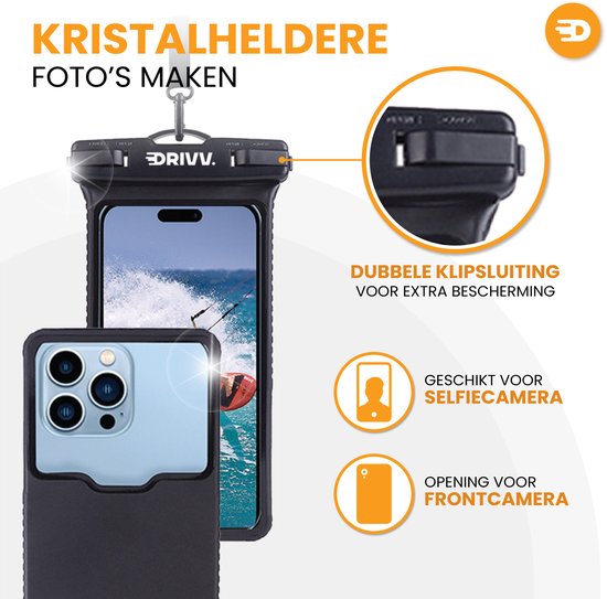 Drivv. Waterdicht Telefoonhoesje – Hardcase - Val- en Schokbestendig - Dubbele Klipsluiting - Tot 6.7 inch – Onderwater Hoesje telefoon