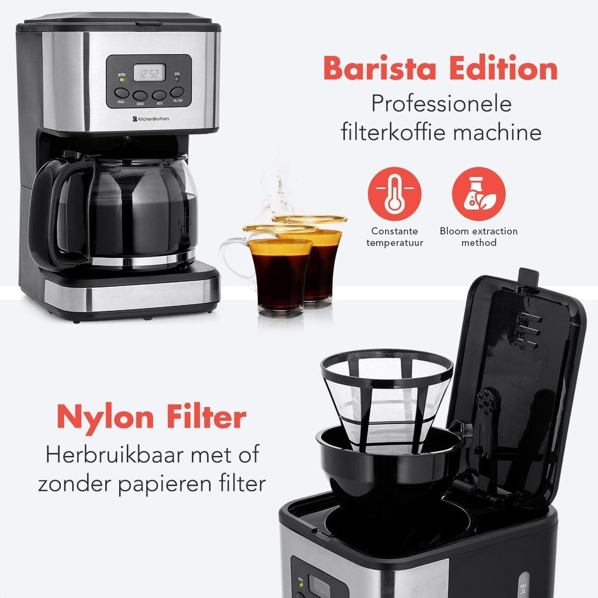 KitchenBrothers Koffiezetapparaat - Koffiemachine incl. Glazen Kan - 1,5L - Herbruikbare filter - Timerfunctie - Zwart/RVS