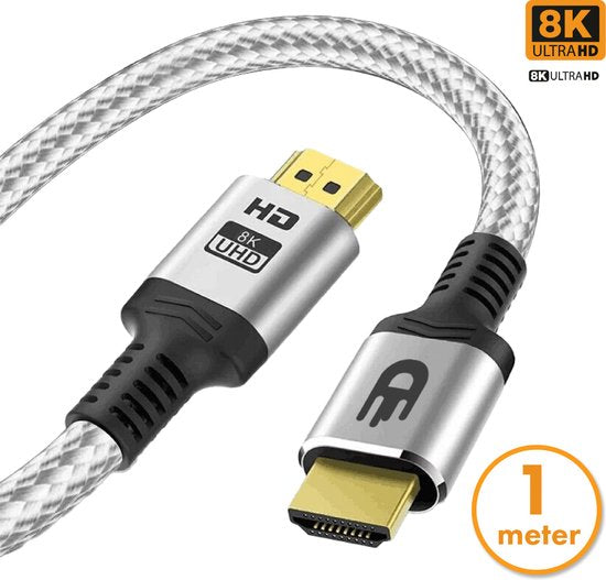 HDMI Kabel 2.1 - Ultra HD High Speed - HDMI naar HDMI - Geschikt voor Xbox Series X & PS5 - 1 meter - Nylon - Zilver Wit