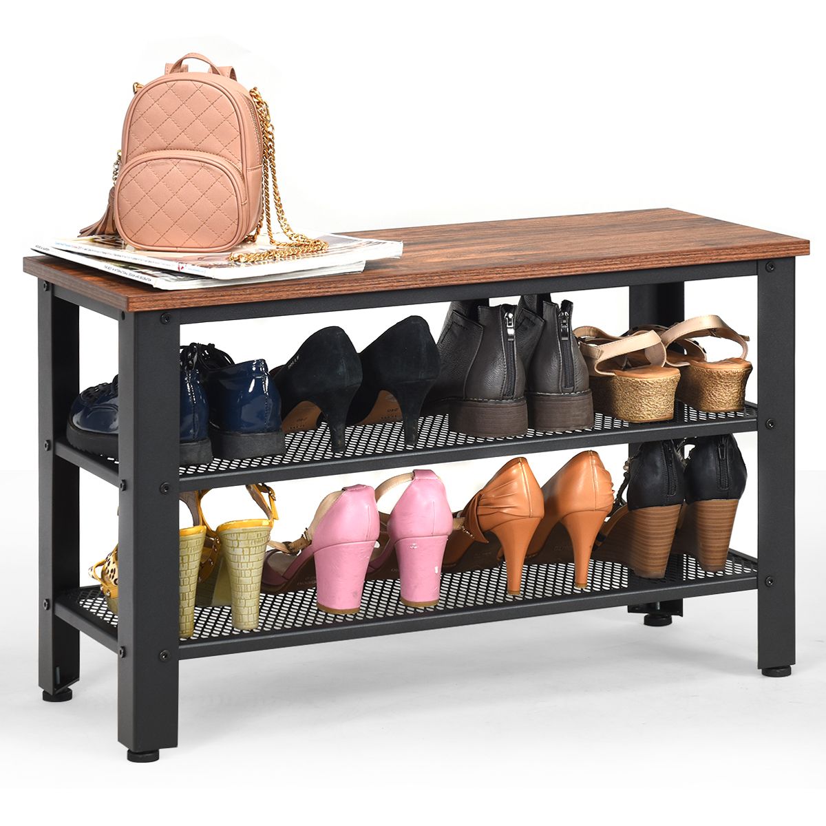Coast Schoenenbank met schoenenrek - 2 opbergniveaus - zitje - zwart - 73 x 30 x 45 cm
