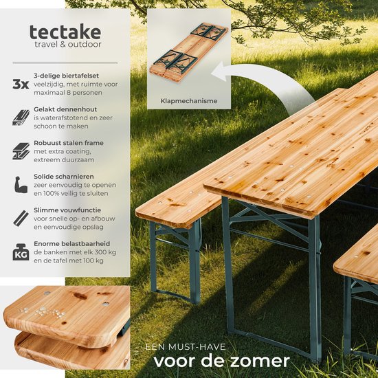 tectake® - Biertafel met 2 banken - 8 personen - 170 cm lang - 3-delige biertafelset met inklapbare tafel en banken - Tuintafel - Bierbank Oktoberfest