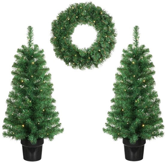 Black Box Trees Norton Kerstboom en Kerstkrans Set - 2 Kunstkerstbomen en 1 Krans met LED Verlichting - Groen