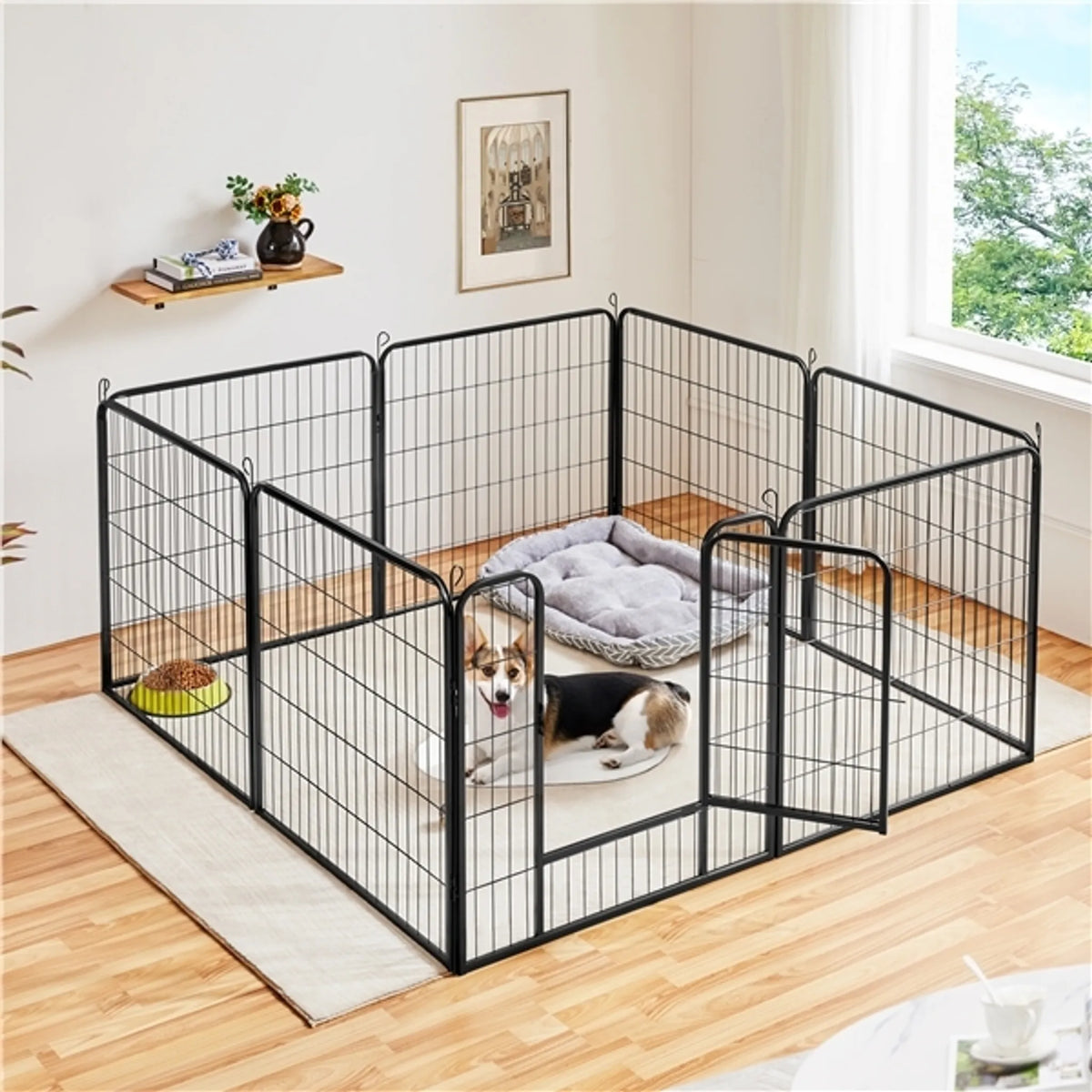 Yaheetech Opvouwbare Hondenren & Puppyren 8-Delig Met Deur En Grondpennen 80 cm Hoog – Zwart – Metaal