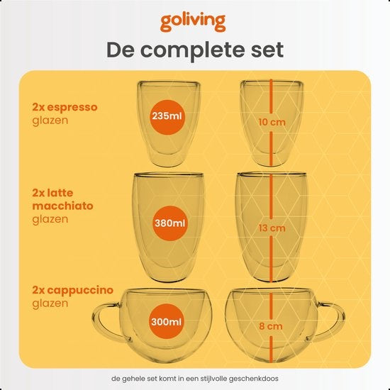 Goliving Dubbelwandige Koffieglazen - koffiekopjes - Kopjes - Glazen - Theeglazen - Latte Macchiato - Cappuccino - Set Van 6