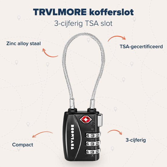 TRVLMORE Kofferslot - TSA Reisslot - 3 Cijferig Hangslot - 14 cm Kabel - 2 Stuks - Cijferslot - Zwart