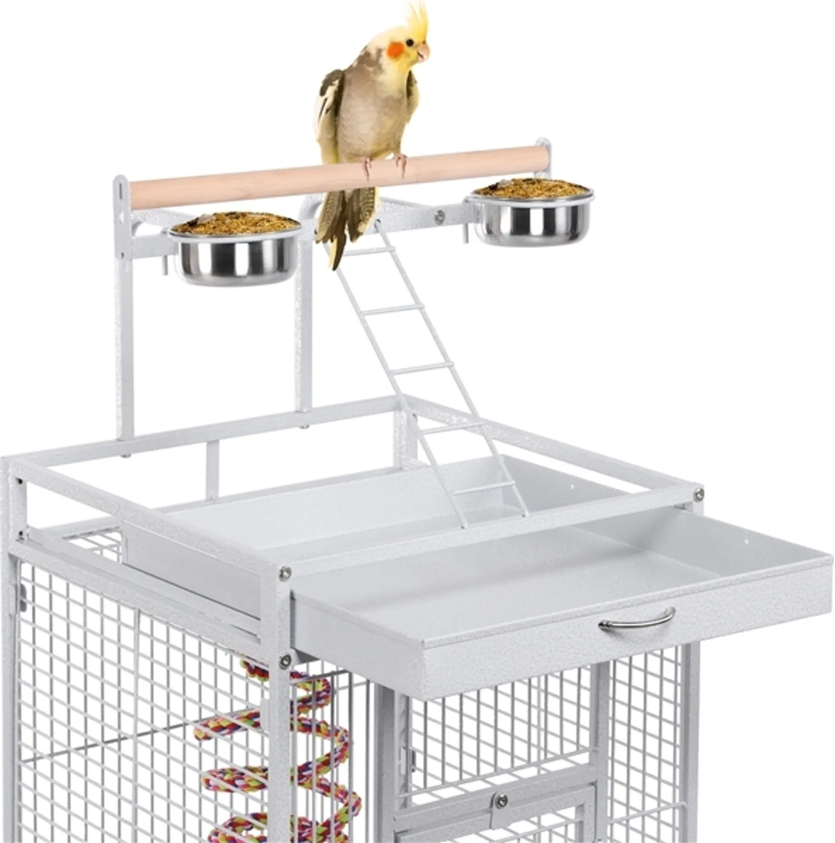 Yaheetech Papegaaienkooi Met Speelplateau – Voorzien Van Zaadvanger En Uitschuifbare Mestlades En Voerluikjes – Voor Valkparkieten En Papegaaien – Wit Poedergecoat IJzer – 65,5 x 65,5 x 156 cm