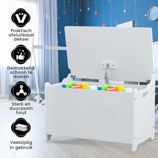 Oemmie Speelgoedkist - Opbergbox - Opbergkist - Opbergbak - Opbergkist kinderen - 60x40x37cm - Veiligheidsscharnieren - Wit