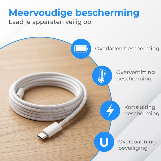 Nuvance USB C naar USB C Kabel - USB C Lader - 2 Meter - Snellader USB C - Gevlochten Nylon - 60W - 480 Mbps - Wit