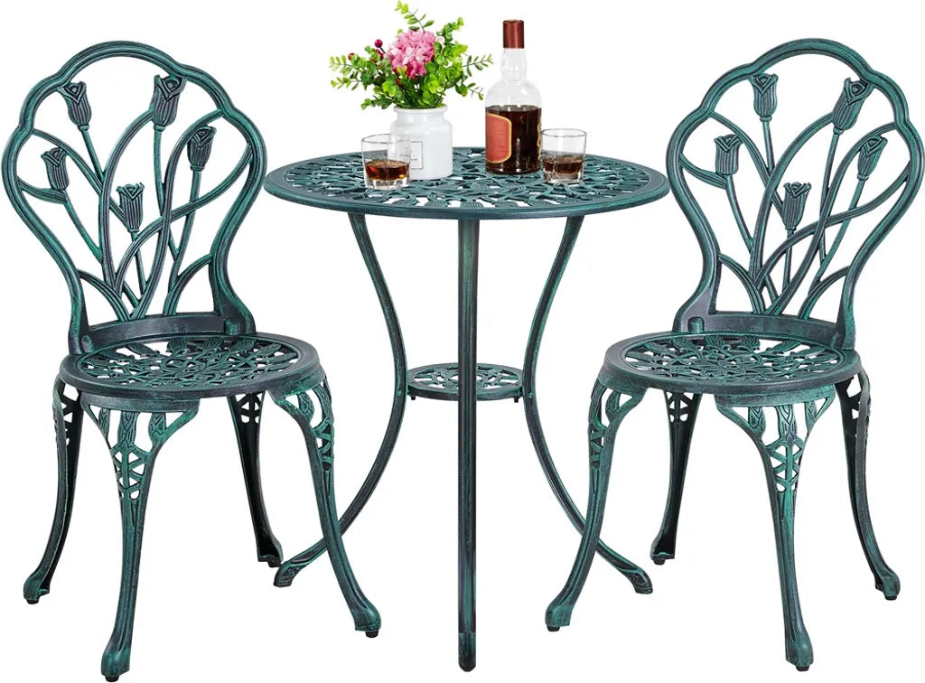 Yaheetech 3-delige Bistroset Tuin - Groen - Aluminium Tuinset met 2 Stoelen en Tafel met Parasolgat