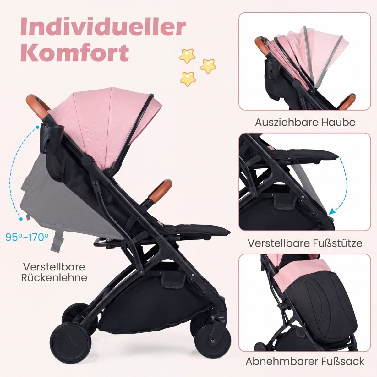 Coast Kinderwagen - inklapbaar - verstelbare rugleuning en voetsteun - roze