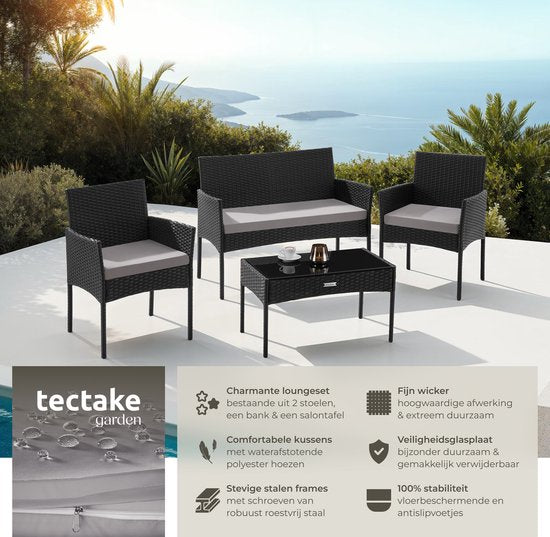 tectake® - Wicker tuinset Palese - Zitgroep voor 4 personen - Tuinmeubelset met loungebank, tuintafel en 2 tuinstoelen inclusief zitkussens - Tuinmeubelen - Waterafstotend - Zwart